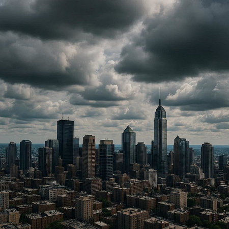 Aerial view of Chicago skyline with skyscrapers and cloudy sky.