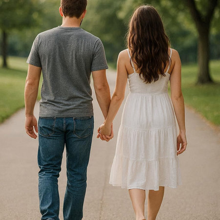 Back view of a young couple holding hands while walking in the park
