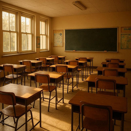 Classroom with rows of empty chairs and blackboard in the background