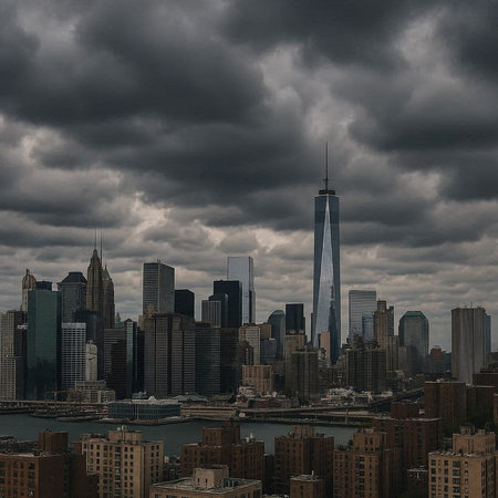 New York City skyline with skyscrapers and stormy sky.
