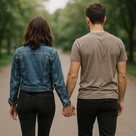 Rear view of a young couple holding hands while walking in the park