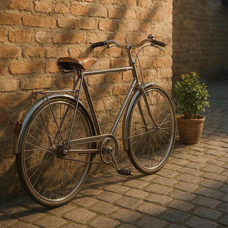 Vintage bicycle leaning against brick wall in the morning sun rays.の写真素材
