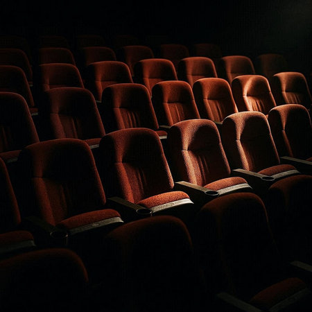 Empty cinema auditorium with rows of red seats illuminated by spotlightsの写真素材