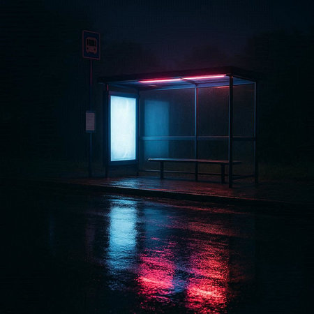 Empty bus stop at night with neon lights. 3D illustration.の写真素材