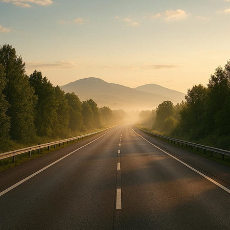 Road in the forest in the morning. Landscape with asphalt road