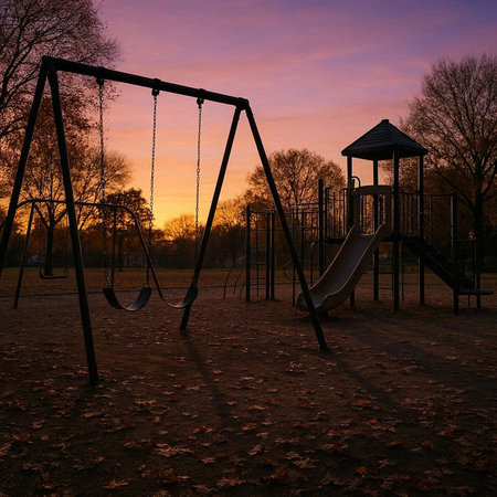 Playground in the park at sunset with children's swings and slidesの写真素材