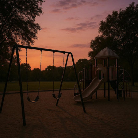 Playground in the park at sunset. 3d render illustration.