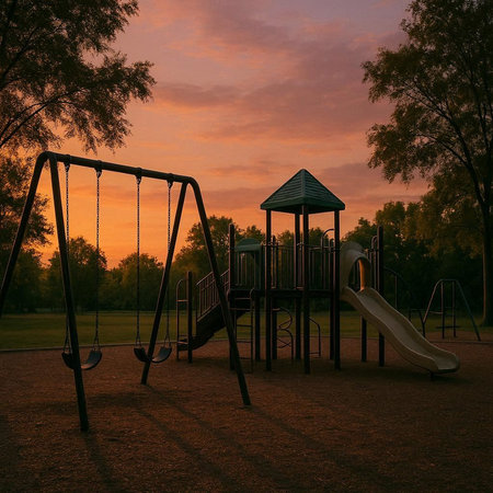 Children playground in the park at sunset. 3d render illustration.の写真素材