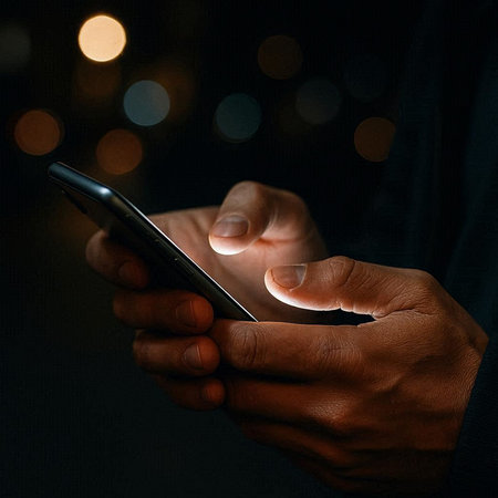 Close-up image of a man using mobile smart phone at night