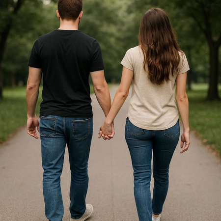 Rear view of young couple holding hands and walking in the park