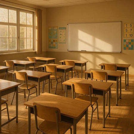 Classroom with wooden desks and chairs in a public school classroom.