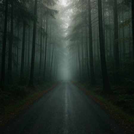 Mysterious road in the dark forest with fog in the morning