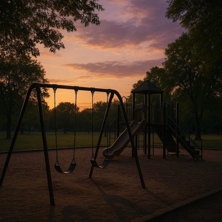 Playground at sunset in the park. 3d render illustration.の写真素材