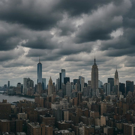 New York City Manhattan skyline panorama with skyscrapers and stormy sky.の写真素材