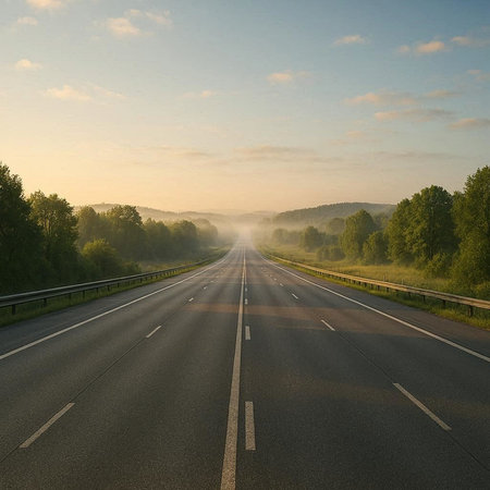 Asphalt road through the forest at sunrise. Landscape with empty highway.