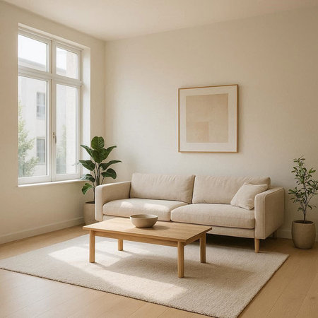 Living room interior with sofa, coffee table and plant. 3d render