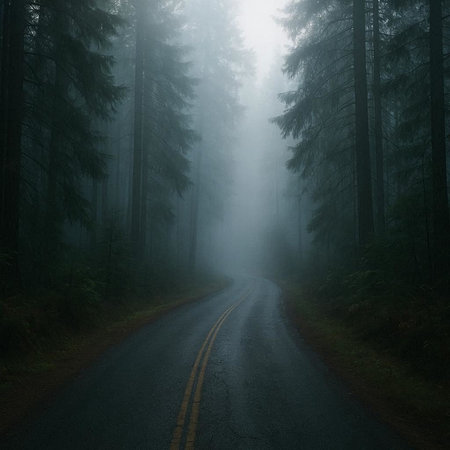 Mysterious road in the forest in a foggy day.