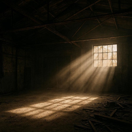 The interior of an old abandoned building with a window and rays of light