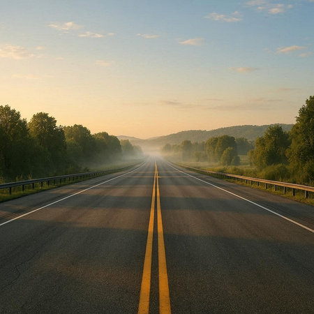 Road in the morning with fog and trees in the background. 3d rendering