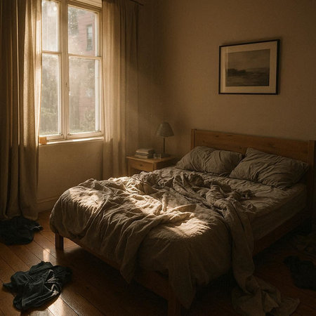 Interior of a bedroom with a big bed and a window with curtains