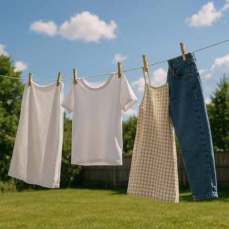 Clothes drying on a clothesline outside in a sunny summer day