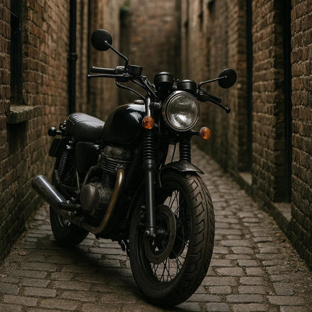 Classic motorcycle parked on the street in the old city of Lviv.