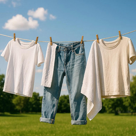 Clothes drying on a clothesline against the background of a green field