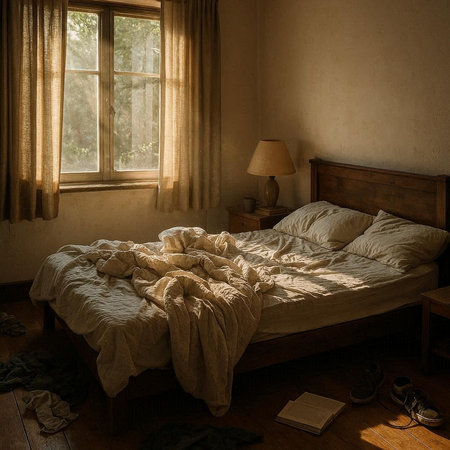 Interior of an old bedroom with a bed and a table lamp