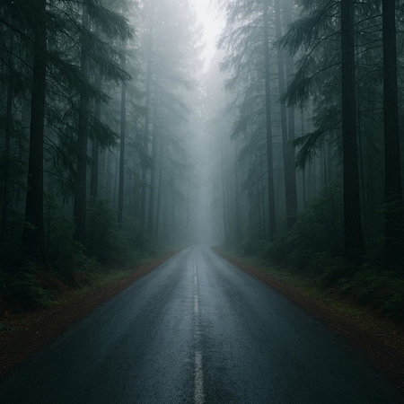 Foggy road in the forest with trees in the background.