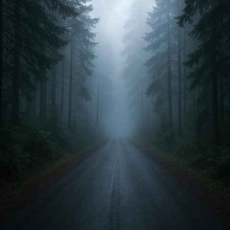 Road in the misty forest. Mysterious foggy forest landscape.