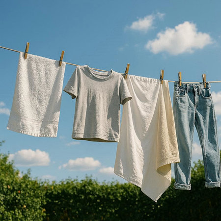 Drying clothes on a clothesline against the background of the summer landscape.