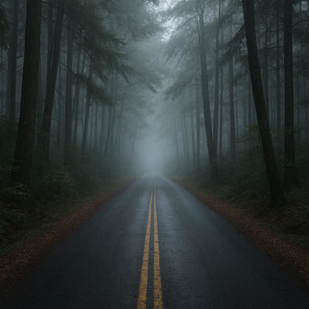 Road in the forest with foggy background. Foggy landscape.