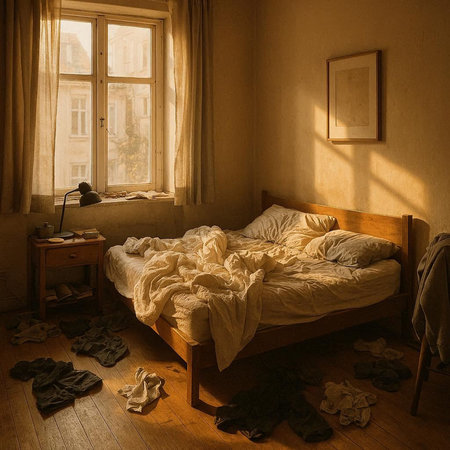 interior of a room with a bed and a window on the background