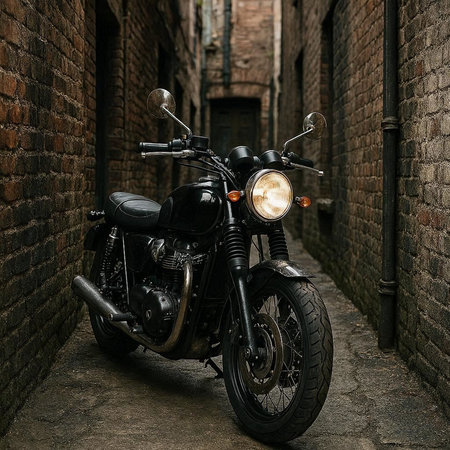 Vintage motorcycle parked in an old city street. 3d rendering