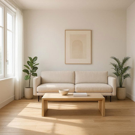 Interior of living room with beige sofa, coffee table and plants. 3d render