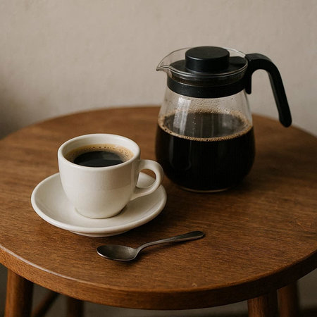 Coffee in a white cup and a kettle on a wooden table