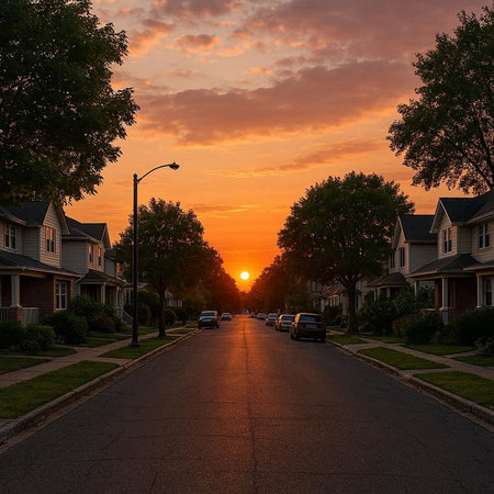 Sunset over a street in a suburban neighborhood in Baltimoreland.の写真素材