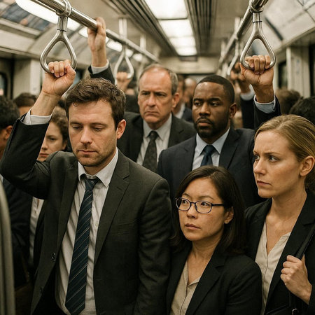 Group of business people working in a train and looking at the camera