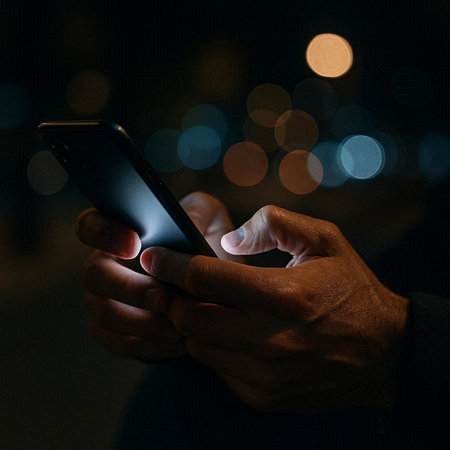 Man using mobile smart phone at night with bokeh background.