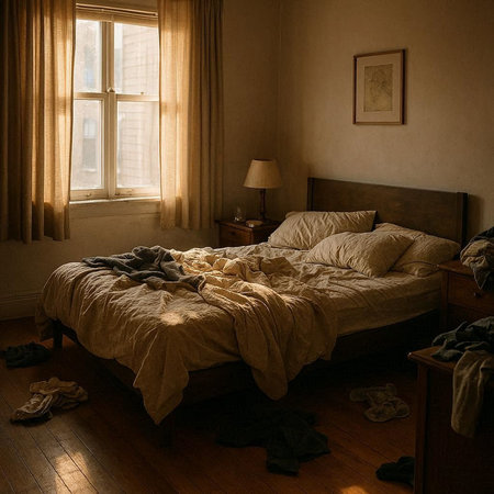 Bedroom interior with wooden bed and pillows. Morning light from window.