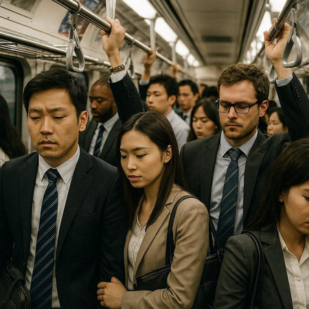 Group of business people travelling by train in Hong Kong, China.