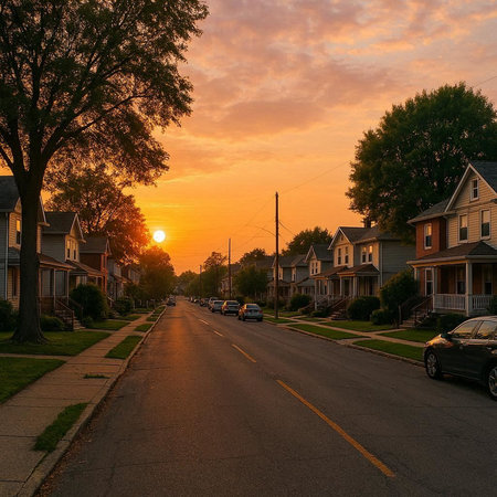 Sunset on a suburban street in the suburbs of Boston, Massachusetts.