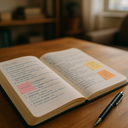 Notebook and pen on a wooden table in a cafe. Selective focus.