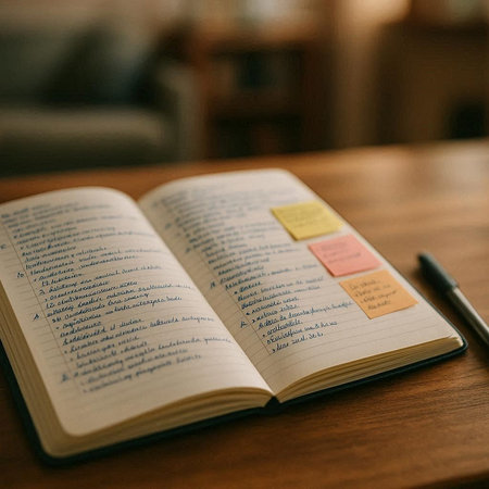Notebook and pen on a wooden table in the living room.