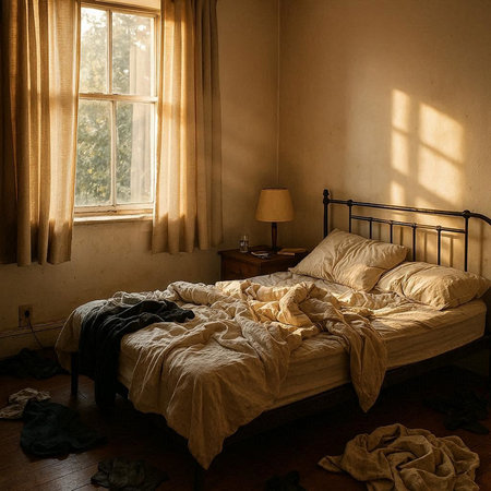 Interior of an old bedroom with a wooden bed and a lampの写真素材