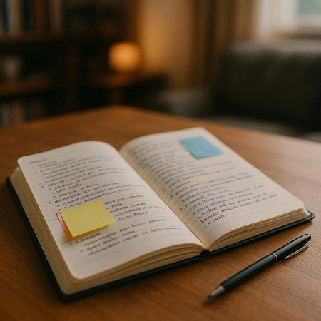 Open book with sticky note on wooden table. Selective focus.