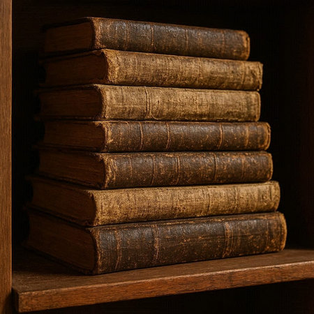 old books on a shelf in the library, closeup of photoの写真素材