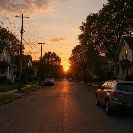 Sunset over the street in the suburbs of Toronto, Canada.の写真素材