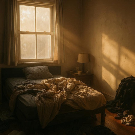 Interior of a bedroom with a bed and a window in the backgroundの写真素材
