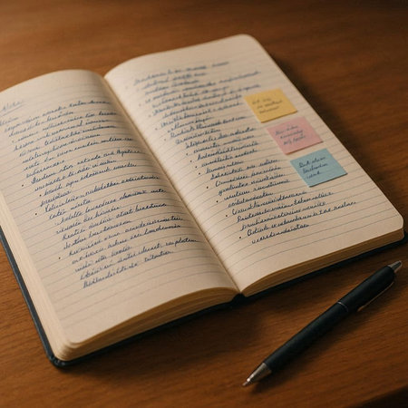 Notebook and pen on a wooden table, ready for your message
